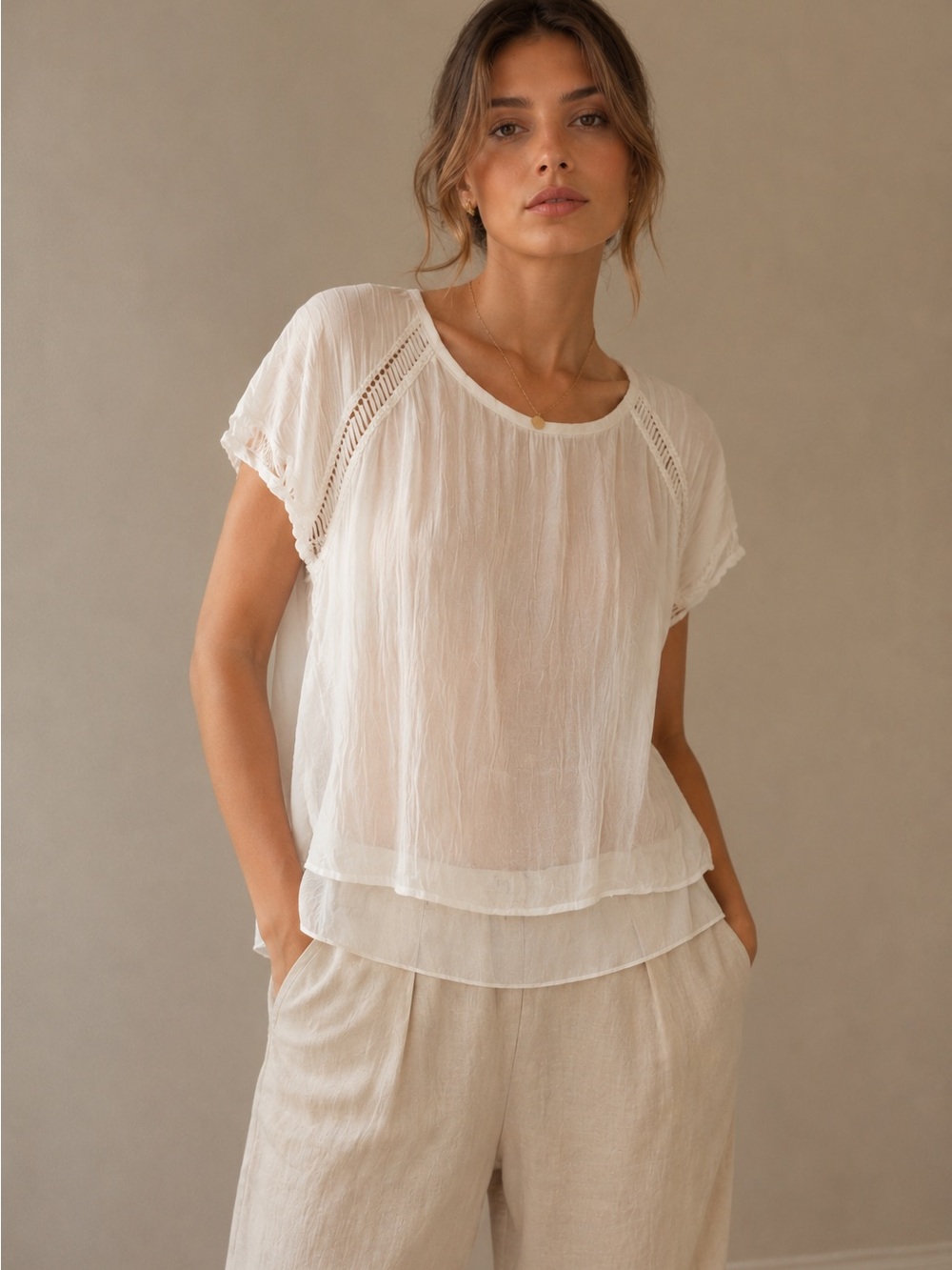 Lightweight Cream Short-Sleeve Layered Blouse